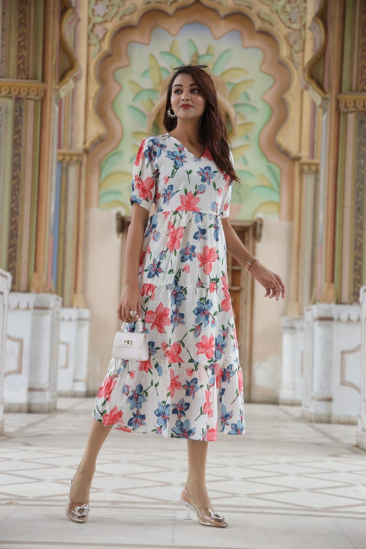 White Floral Exclusive Bagru Hand Block Printed One-Piece Dress