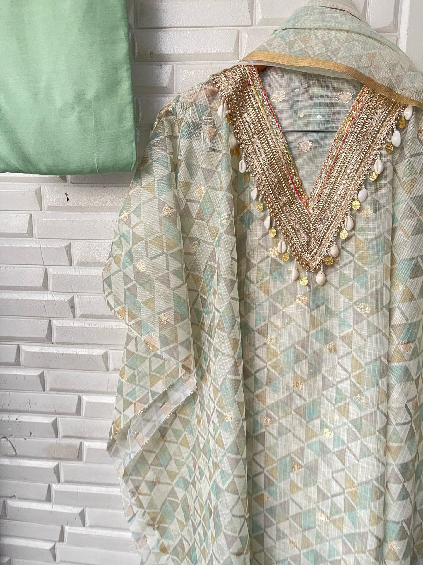 Elegant Kota Linen Cotton Suit Set with Zari Embroidery & Mirror-Embellished Dupatta