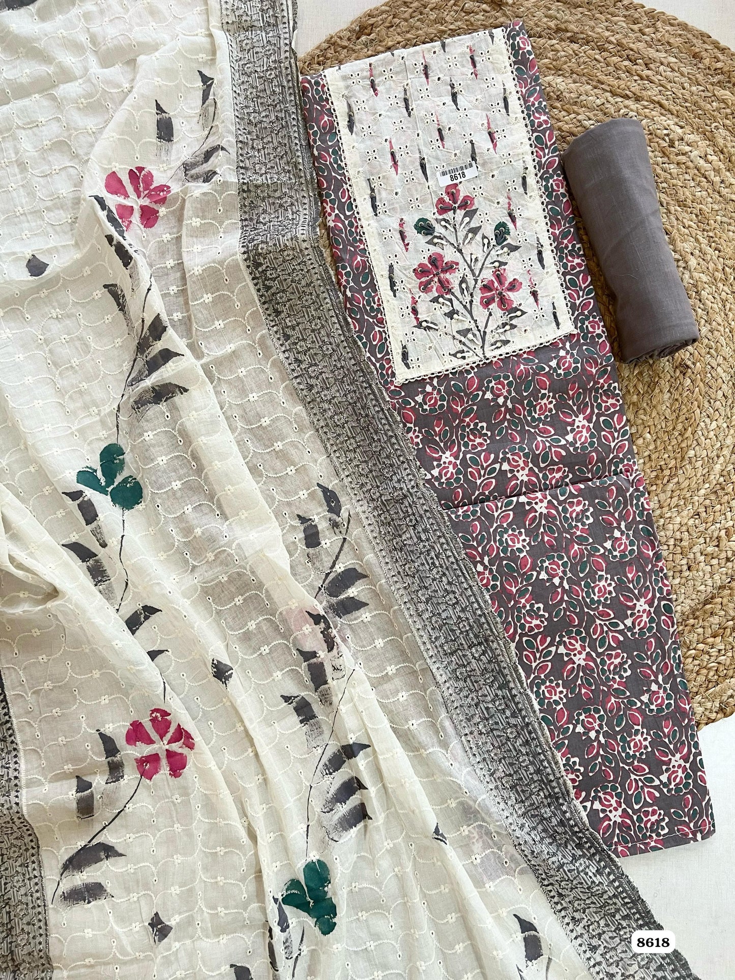 Pure Cotton Unstitched Shirt with Hand Block Print, Chikan & Katha Work