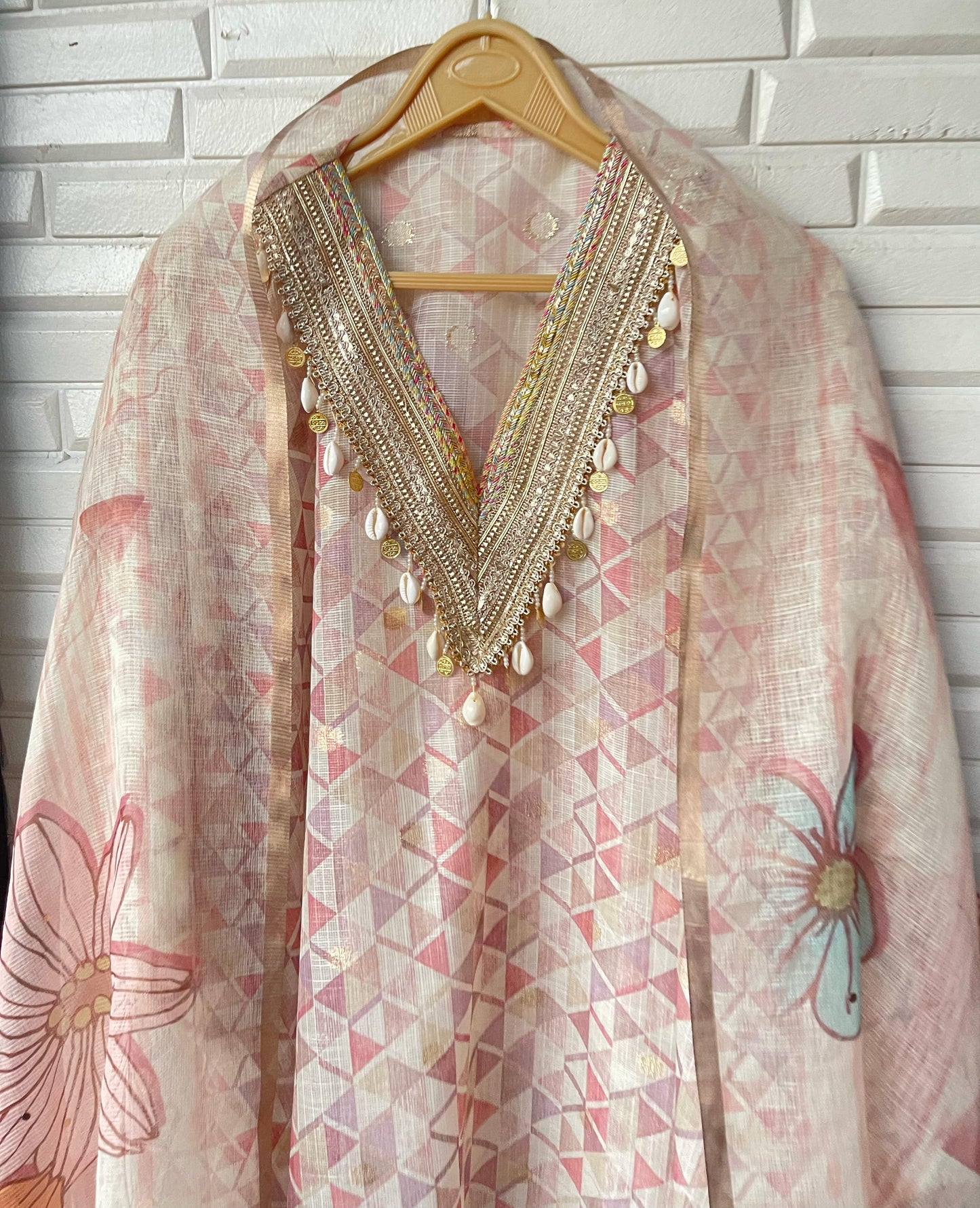 Elegant Kota Linen Cotton Suit Set with Zari Embroidery & Mirror-Embellished Dupatta