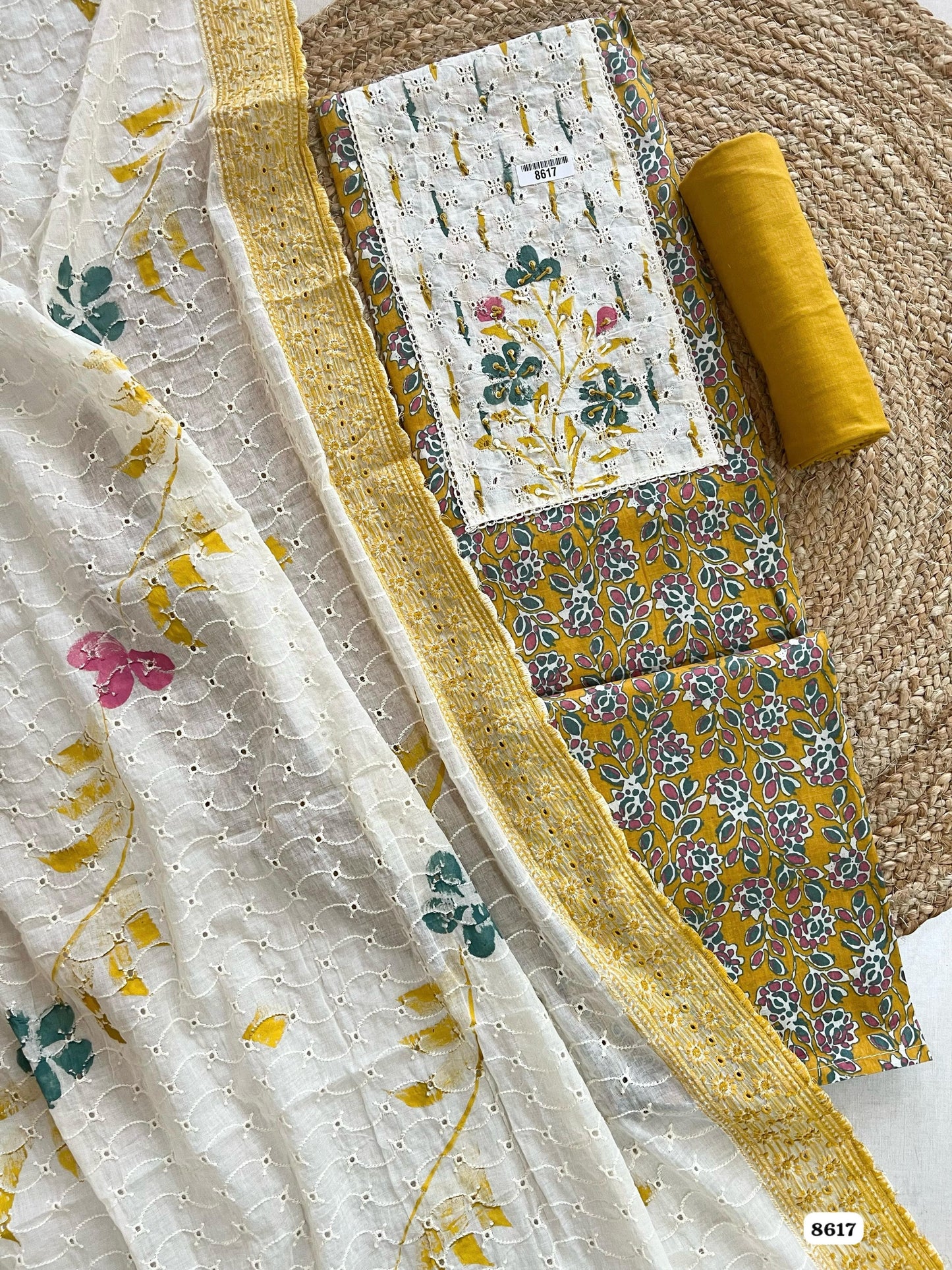 Pure Cotton Unstitched Shirt with Hand Block Print, Chikan & Katha Work