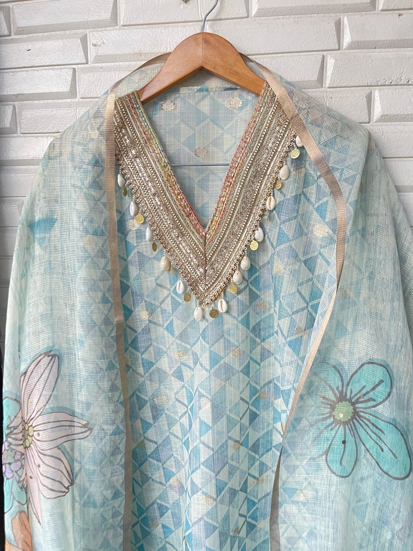 Elegant Kota Linen Cotton Suit Set with Zari Embroidery & Mirror-Embellished Dupatta