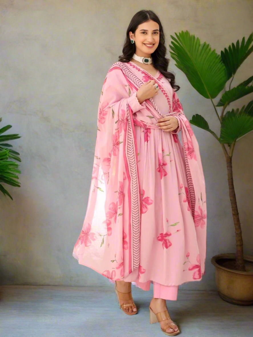 Elegant Three-Piece Floral Print Angrakha Anarkali Set