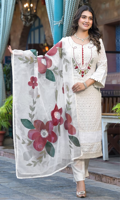 Georgette Schiffili Handword Kurti paiered with Cotton Paints and Organza Hand-painted Dupatta