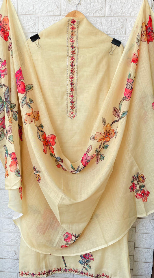 Linen Digital Print & Embroidered Unstitched Set