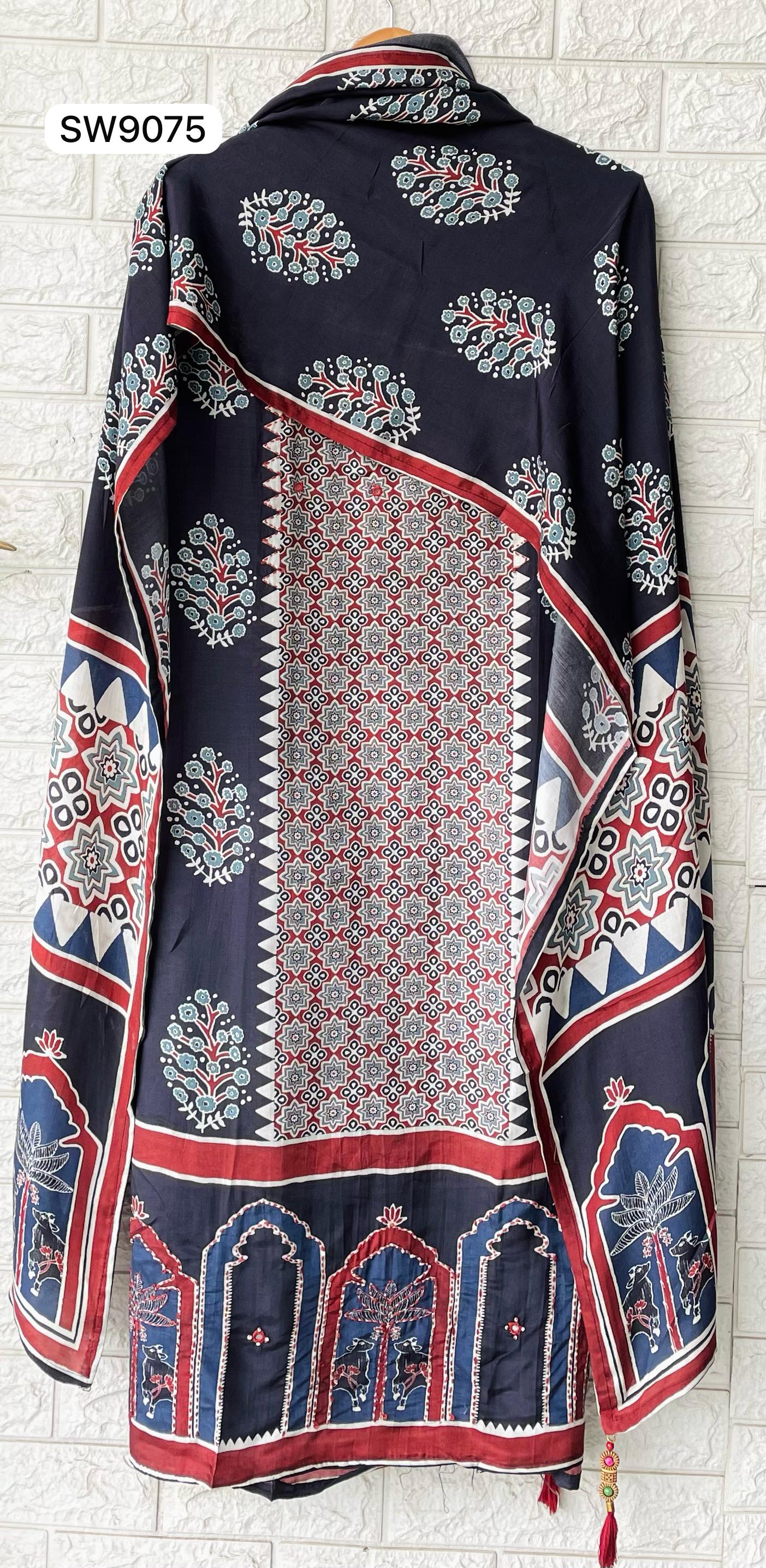 Latest Pure Muslin Digital Print Top with Hand Embroidery & Shantoon Bottom