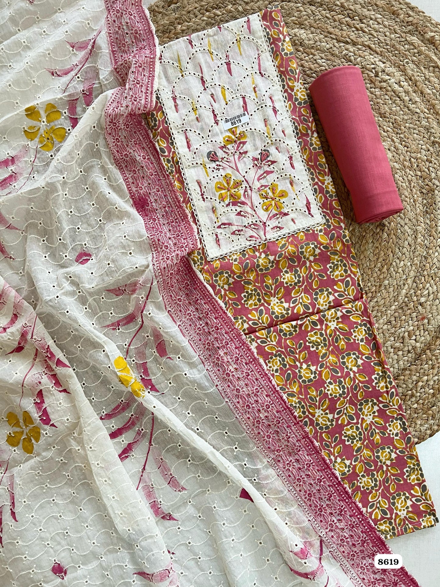 Pure Cotton Unstitched Shirt with Hand Block Print, Chikan & Katha Work