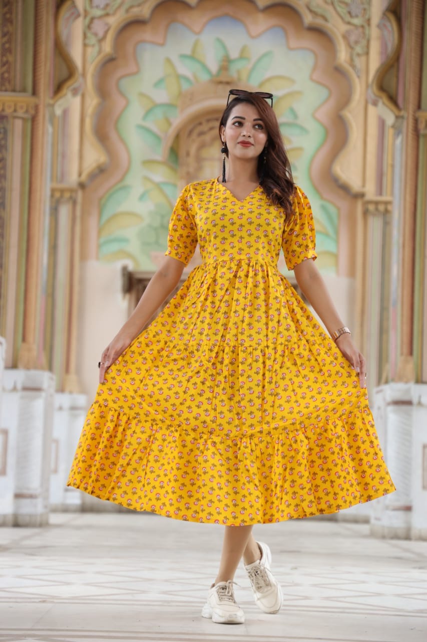 Mustard Yellow Exclusive Bagru Hand Block Printed One-Piece Dress