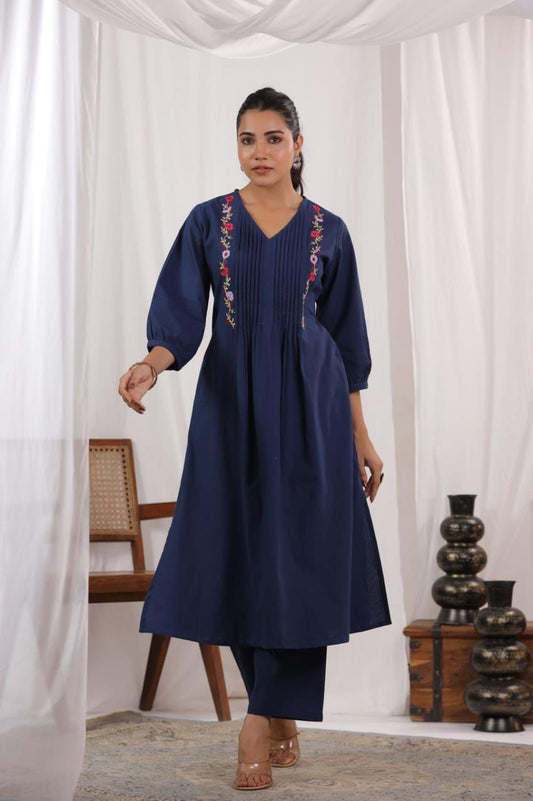 Elegant Pure Cotton Pleated Kurta with Embroidered Panels & Pant Set