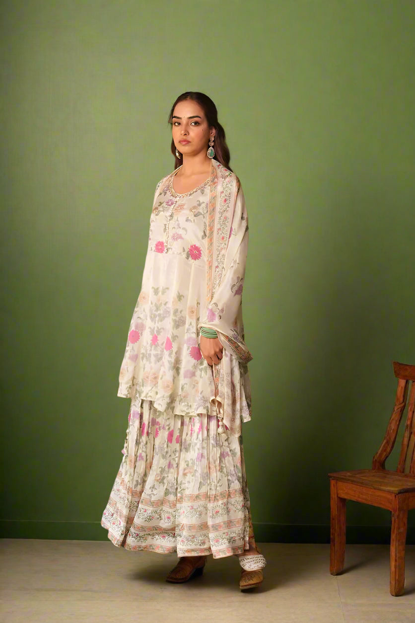 Noor -  White Elegant Three-Piece Floral Print Full Sleeves Kurti Set with Embroidery & Gota Detailing