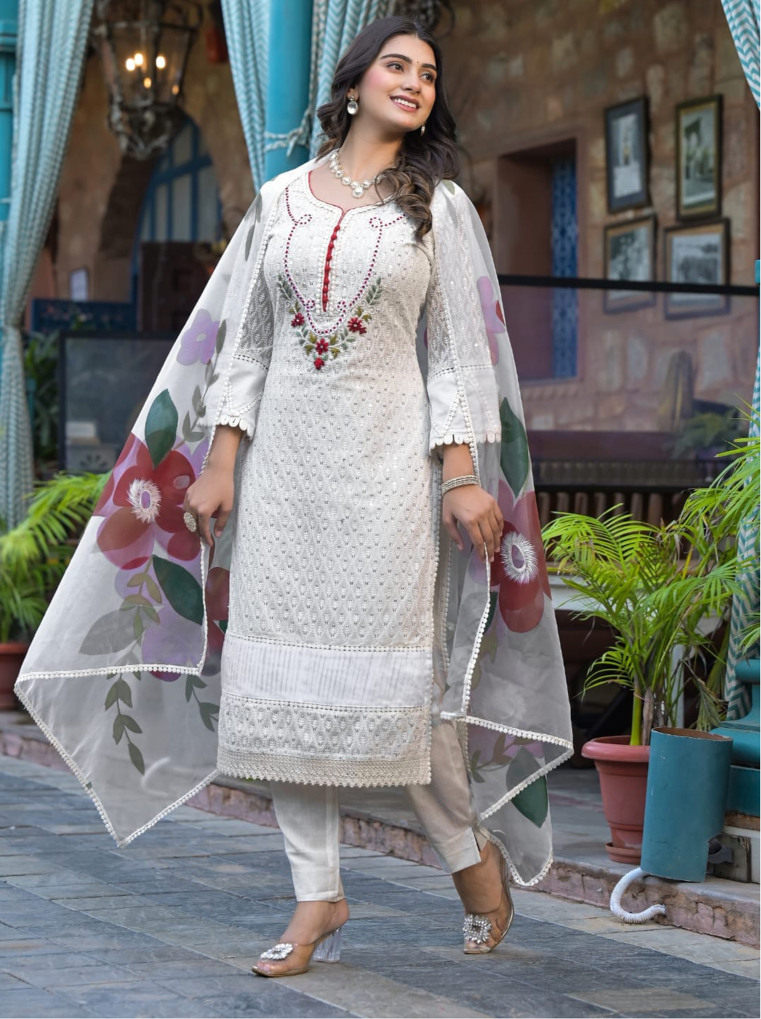 Georgette Schiffili Handword Kurti paiered with Cotton Paints and Organza Hand-painted Dupatta