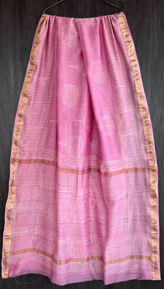 Bagru Handblock & Ajrakh Printed Pure Maheshwari Silk Saree