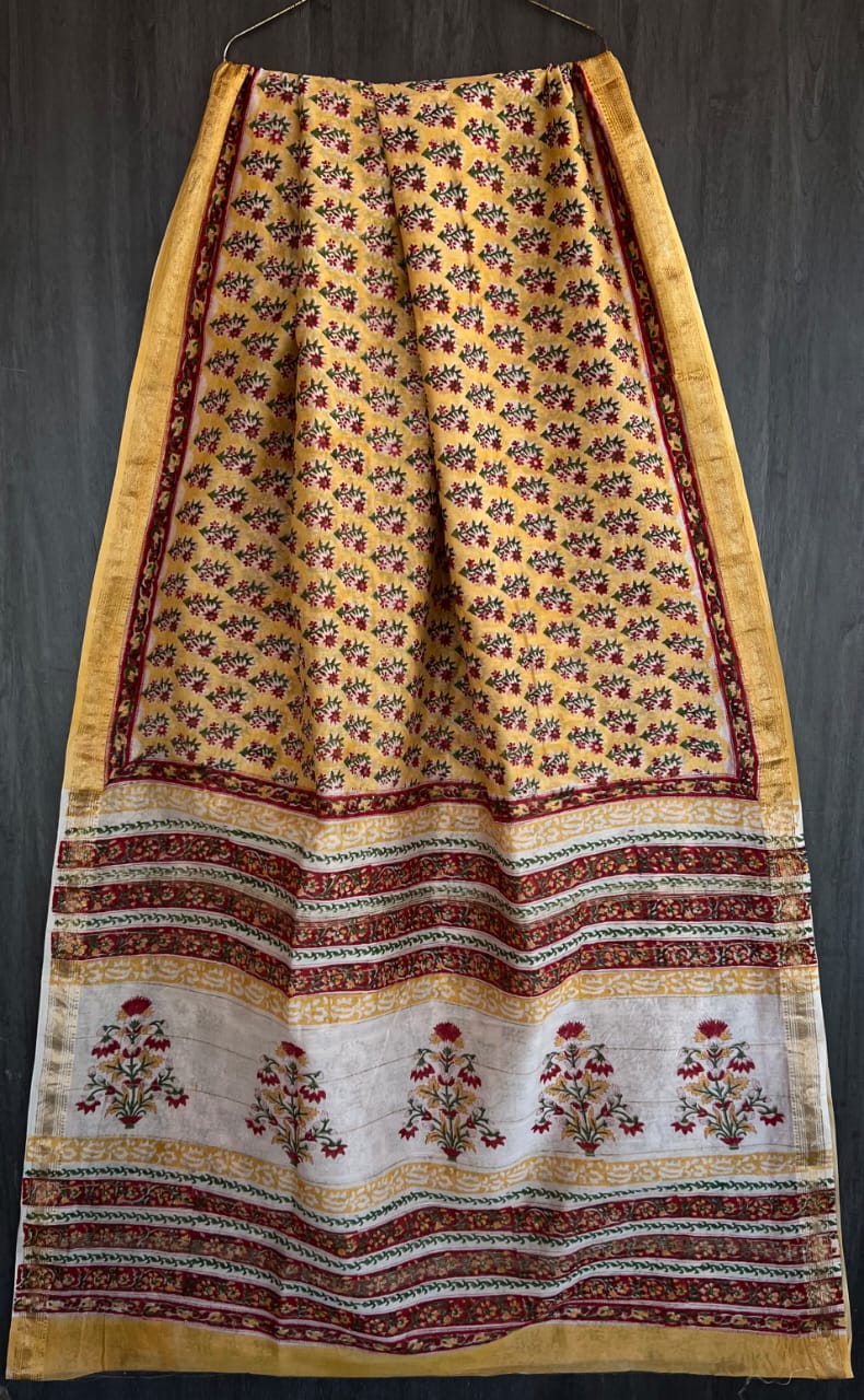 Bagru Handblock & Ajrakh Printed Pure Maheshwari Silk Saree