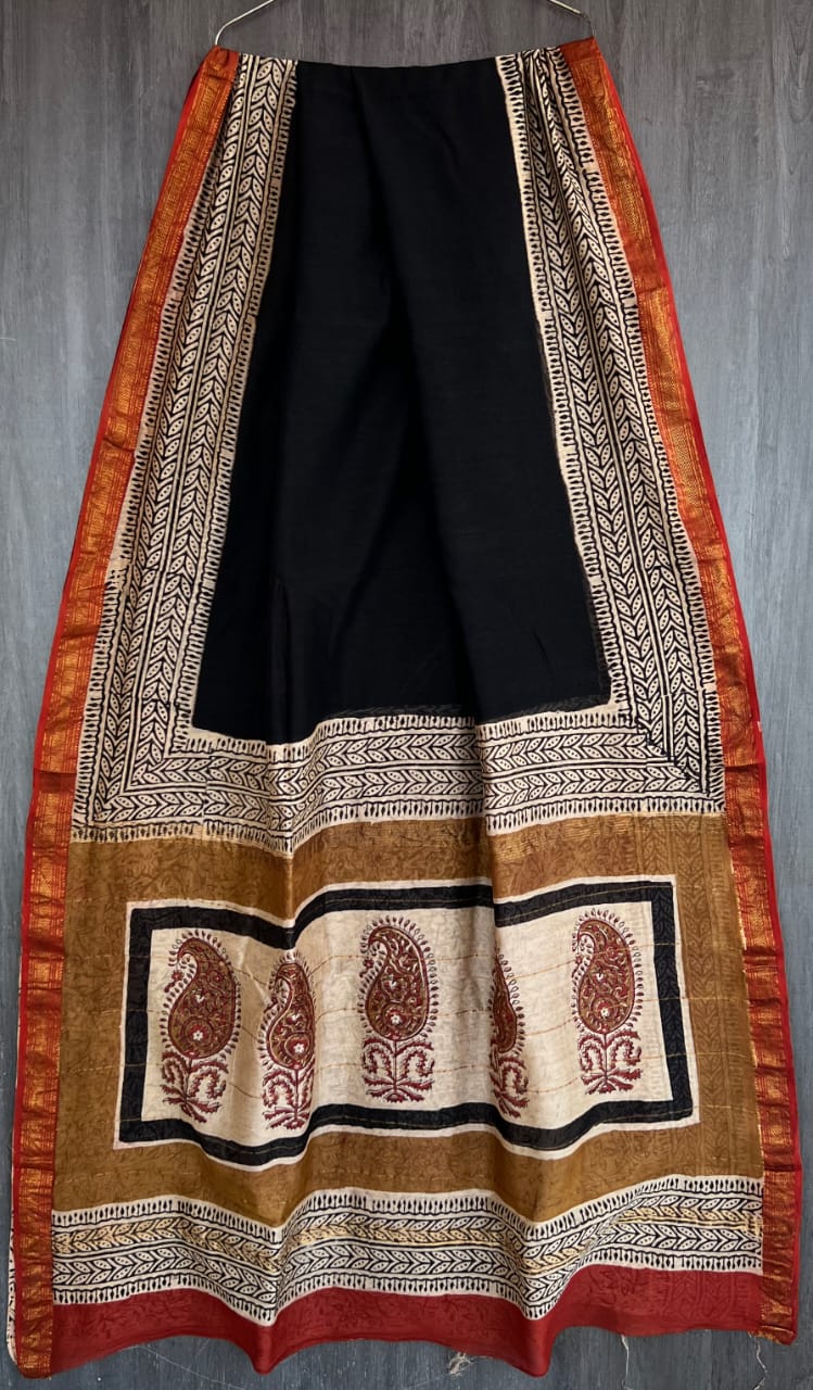 Bagru Handblock & Ajrakh Printed Pure Maheshwari Silk Saree