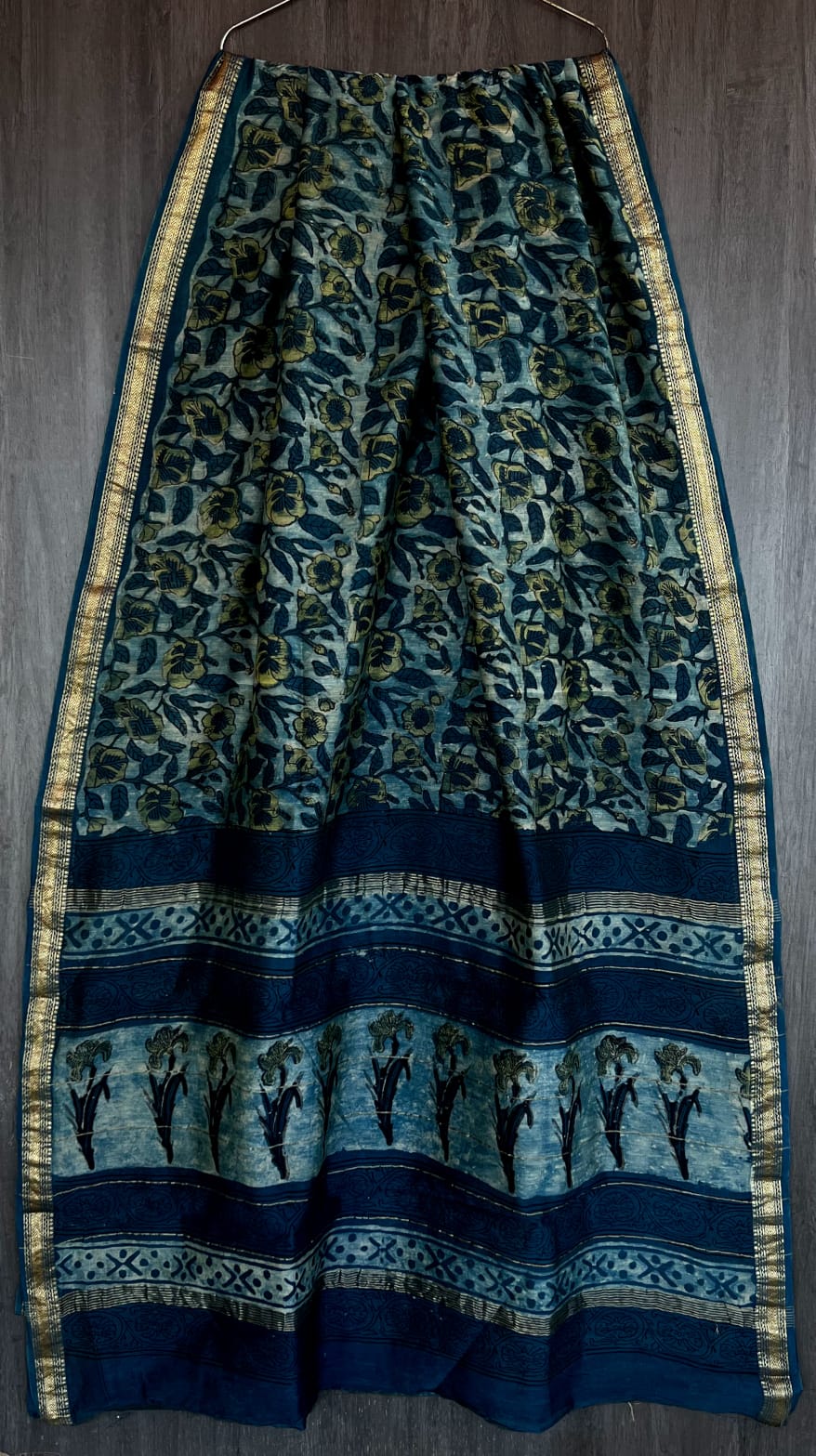 Bagru Handblock & Ajrakh Printed Pure Maheshwari Silk Saree