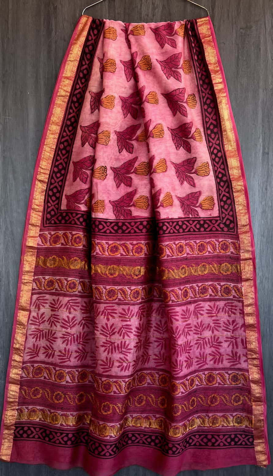 Bagru Handblock & Ajrakh Printed Pure Maheshwari Silk Saree