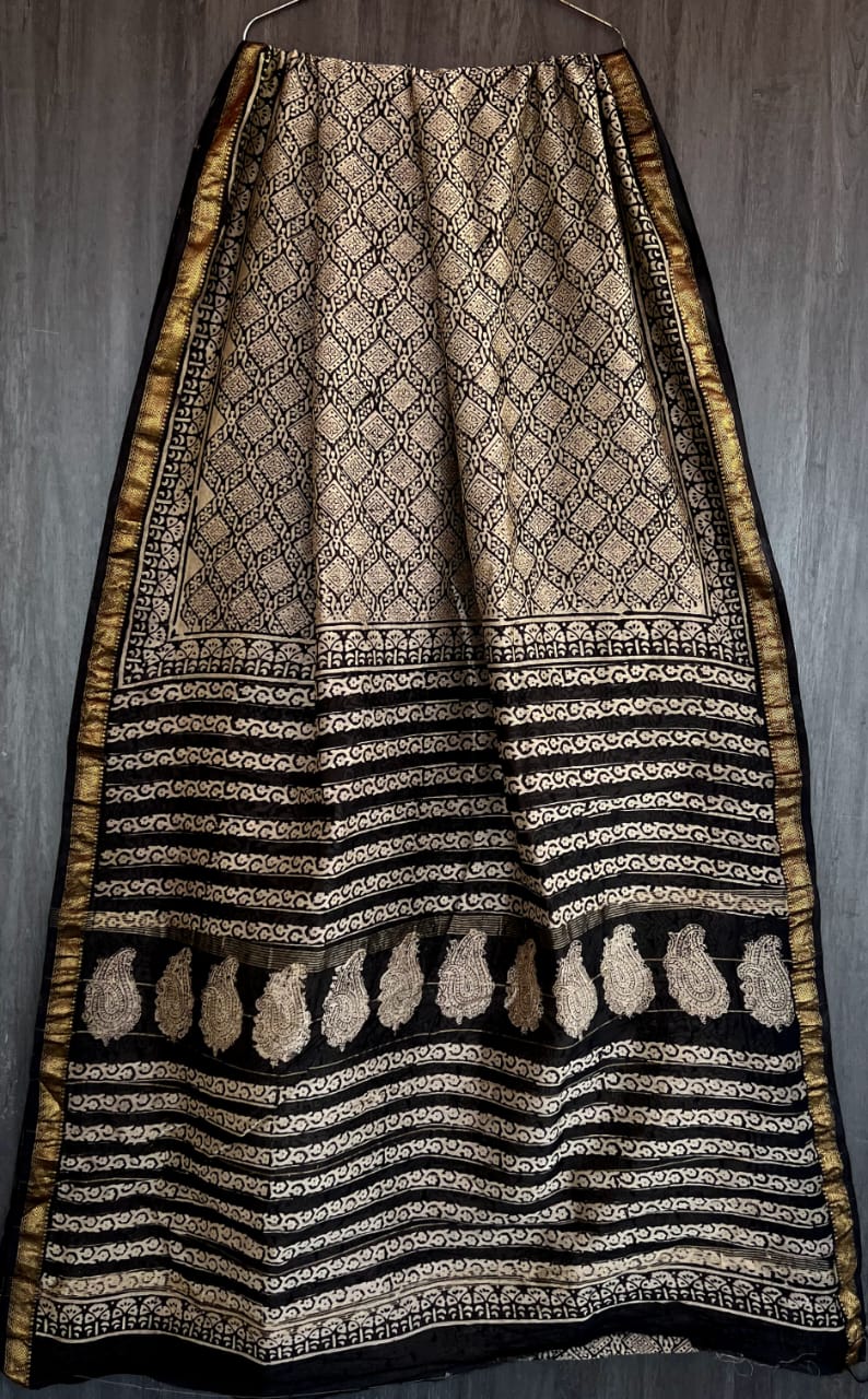 Bagru Handblock & Ajrakh Printed Pure Maheshwari Silk Saree