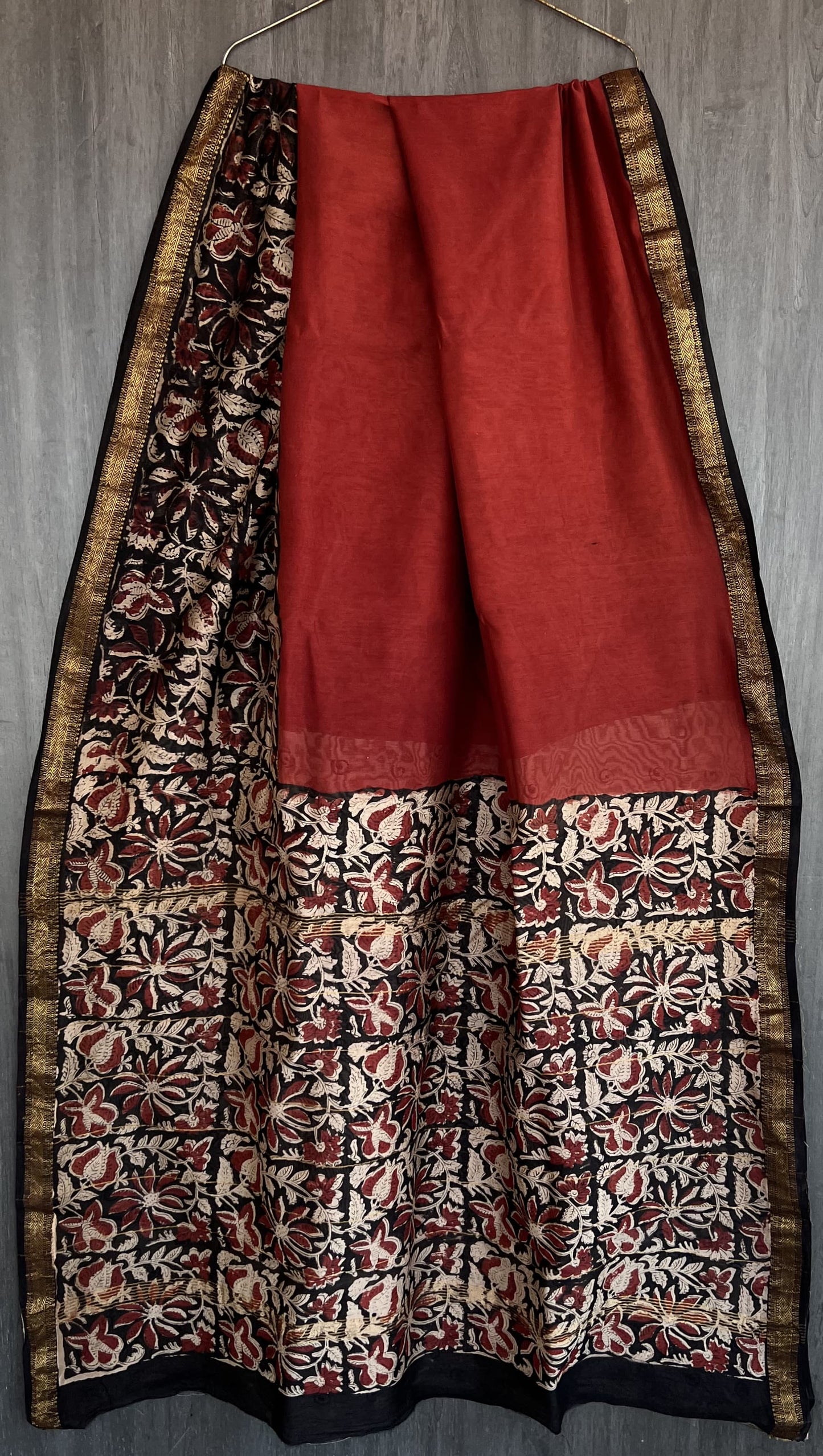 Bagru Handblock & Ajrakh Printed Pure Maheshwari Silk Saree