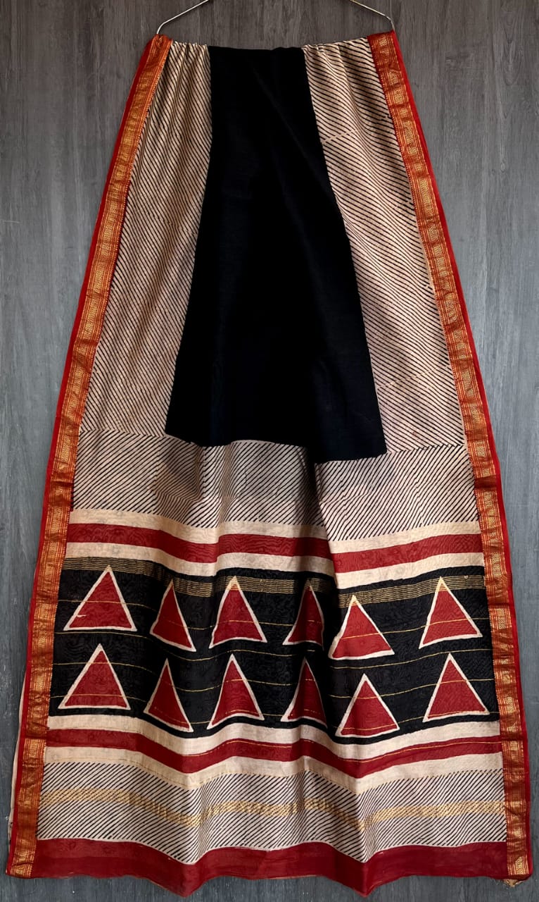 Bagru Handblock & Ajrakh Printed Pure Maheshwari Silk Saree