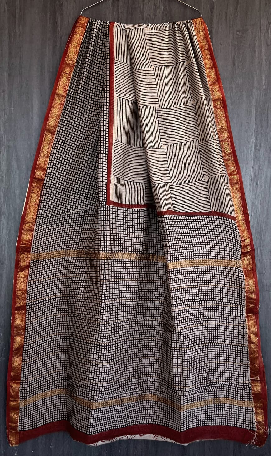 Bagru Handblock & Ajrakh Printed Pure Maheshwari Silk Saree