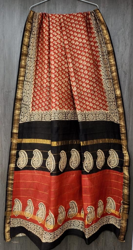 Bagru Handblock & Ajrakh Printed Pure Maheshwari Silk Saree