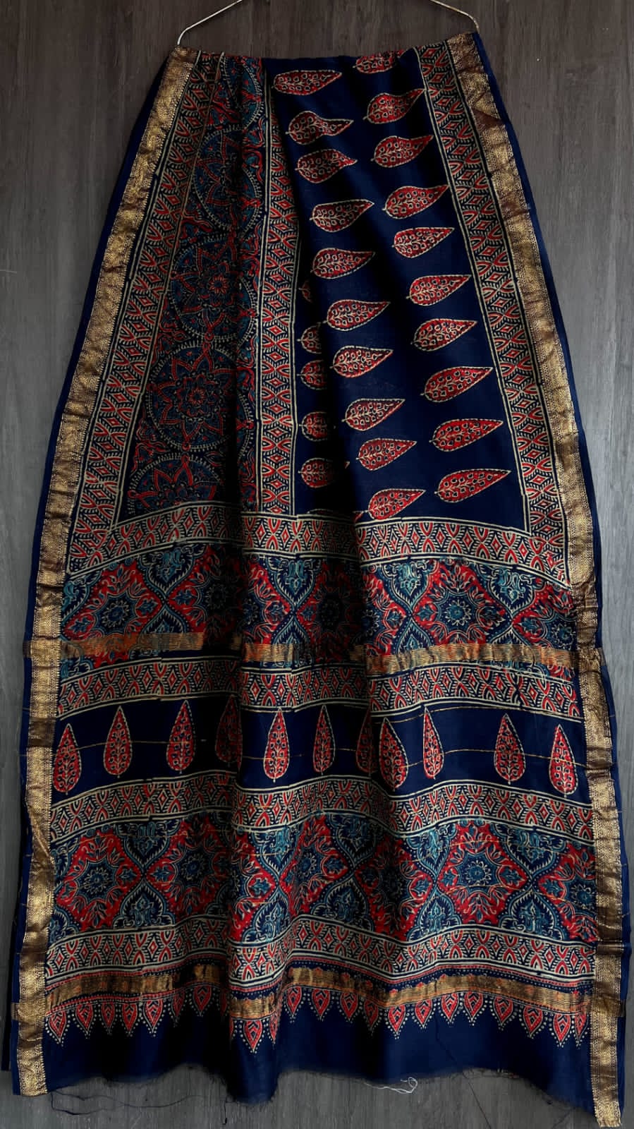 Bagru Handblock & Ajrakh Printed Pure Maheshwari Silk Saree