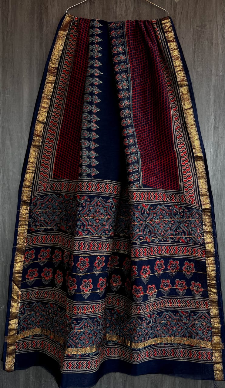 Bagru Handblock & Ajrakh Printed Pure Maheshwari Silk Saree