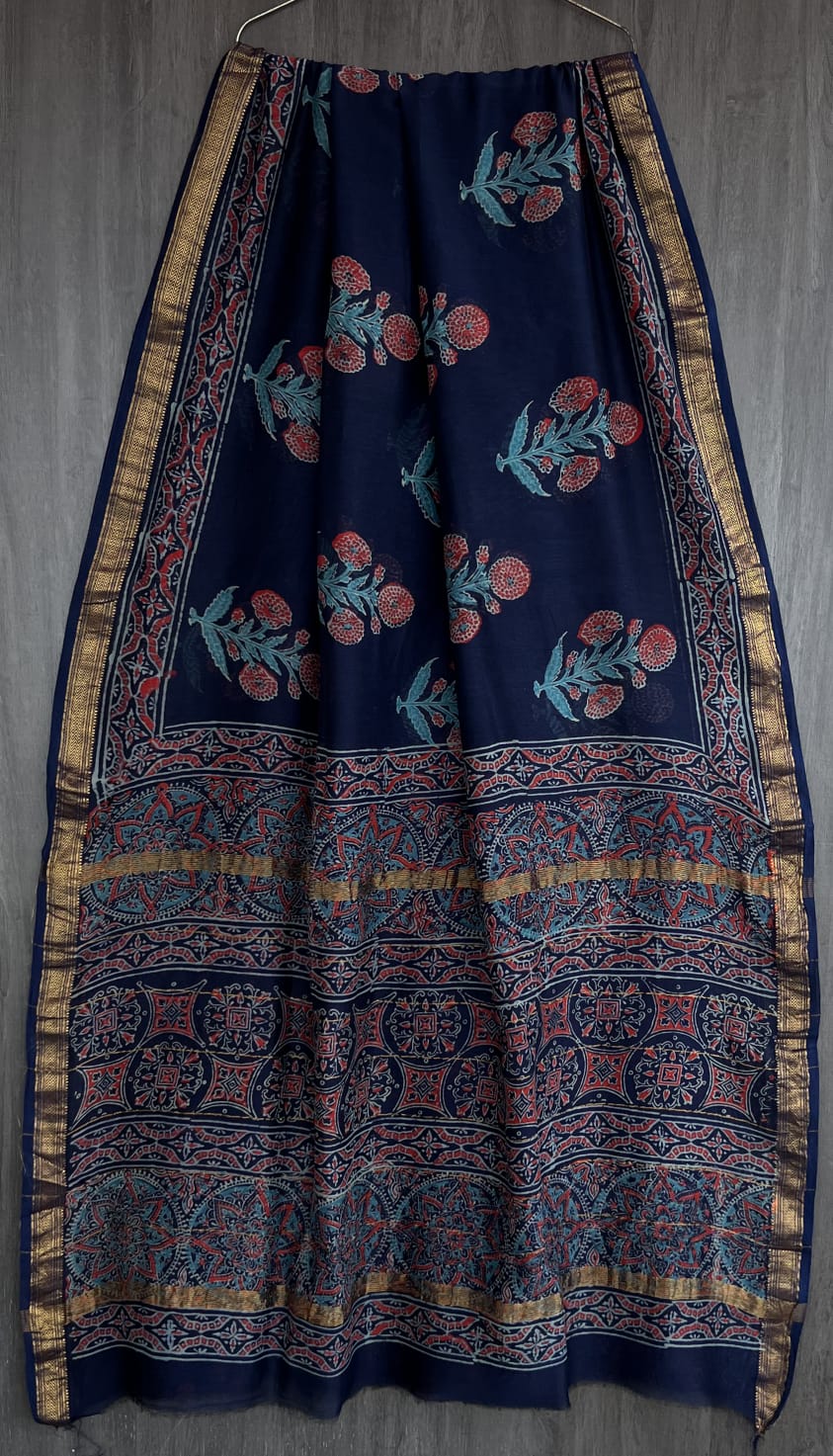 Bagru Handblock & Ajrakh Printed Pure Maheshwari Silk Saree