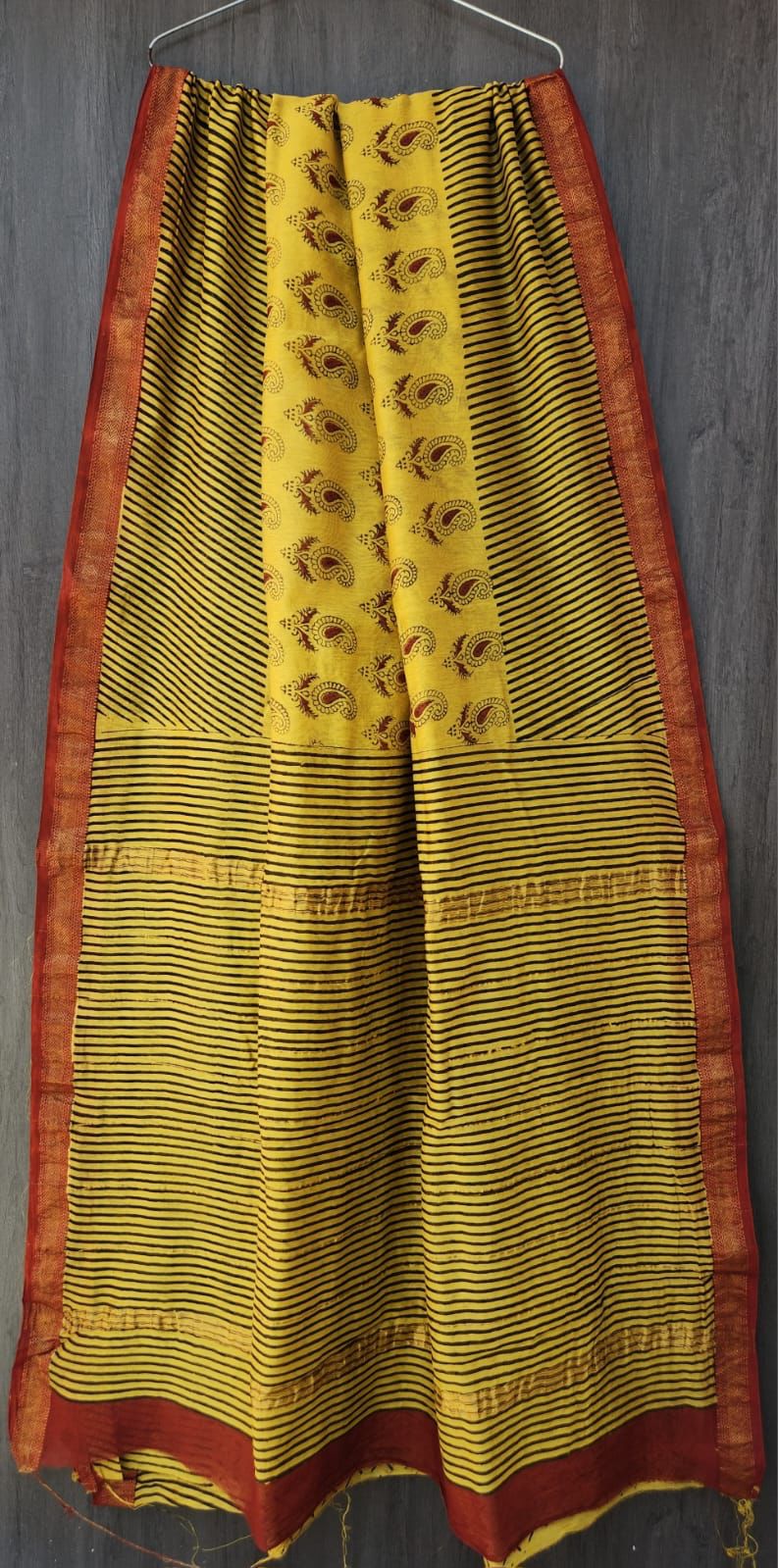 Bagru Handblock & Ajrakh Printed Pure Maheshwari Silk Saree