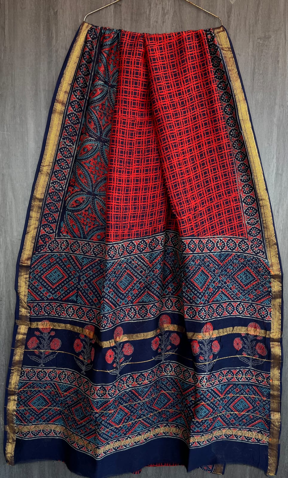 Bagru Handblock & Ajrakh Printed Pure Maheshwari Silk Saree