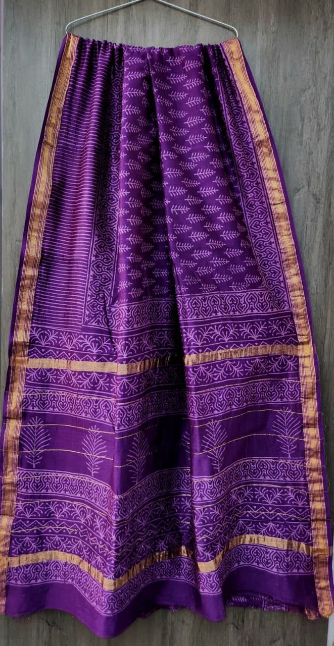 Bagru Handblock & Ajrakh Printed Pure Maheshwari Silk Saree