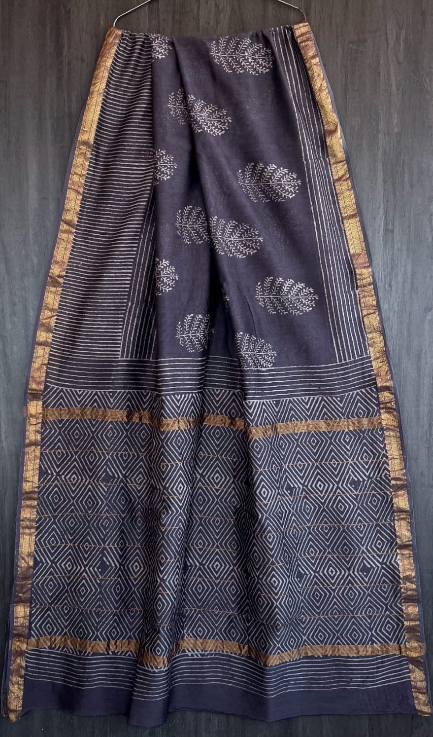 Bagru Handblock & Ajrakh Printed Pure Maheshwari Silk Saree