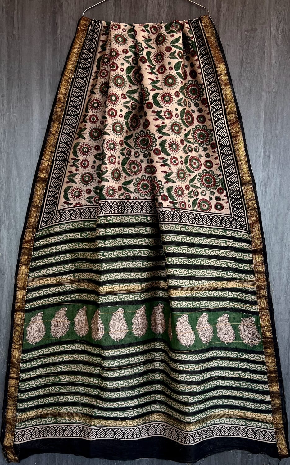 Bagru Handblock & Ajrakh Printed Pure Maheshwari Silk Saree