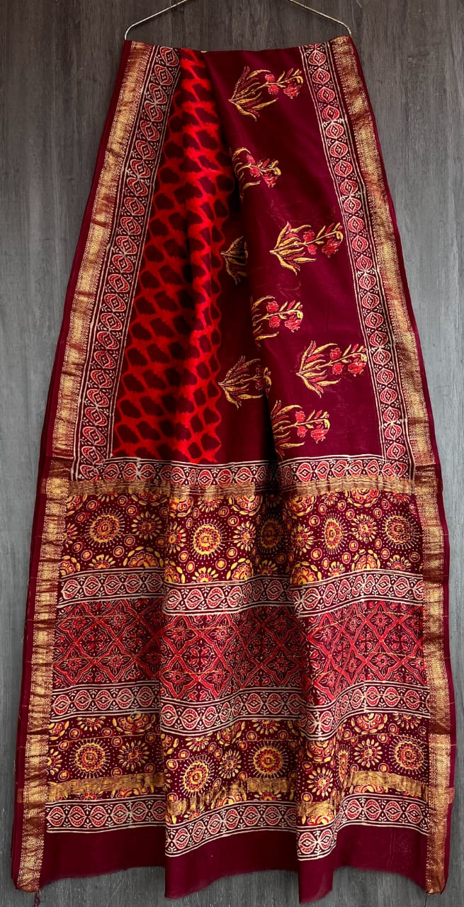 Bagru Handblock & Ajrakh Printed Pure Maheshwari Silk Saree