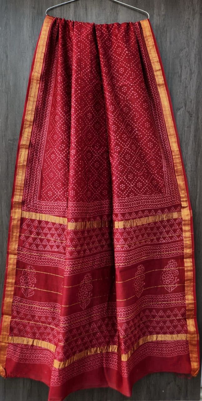 Bagru Handblock & Ajrakh Printed Pure Maheshwari Silk Saree