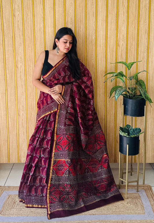 Handblock Printed Bagru Pure Chanderi Saree