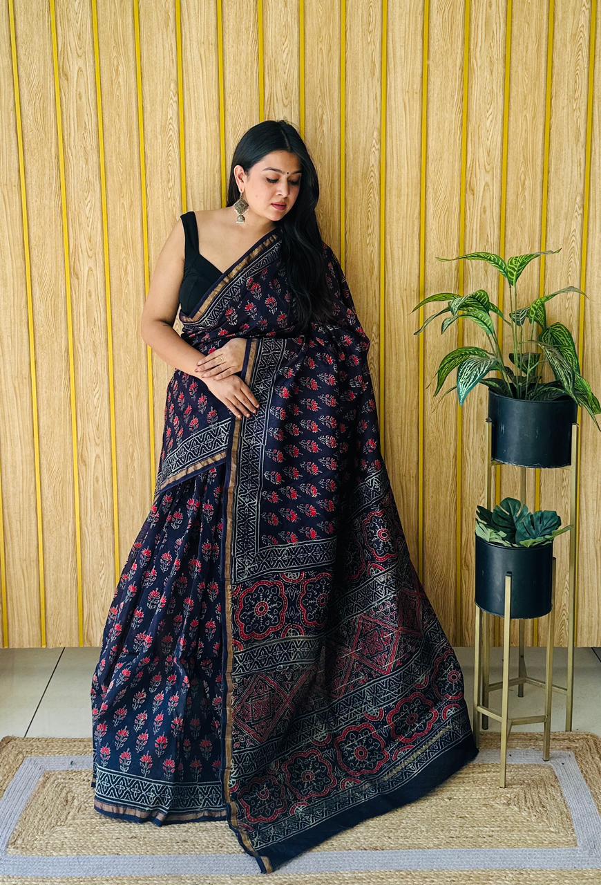 Handblock Printed Bagru Pure Chanderi Saree