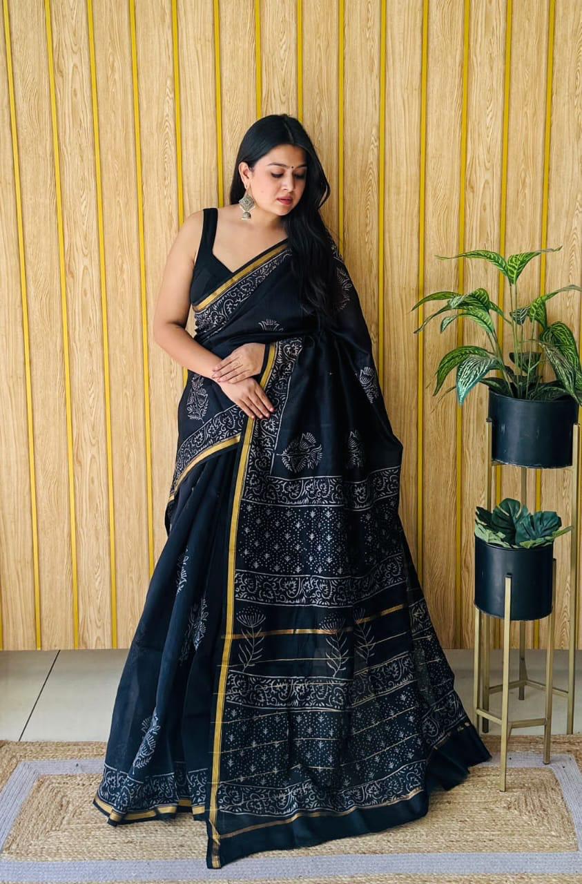 Handblock Printed Bagru Pure Chanderi Saree