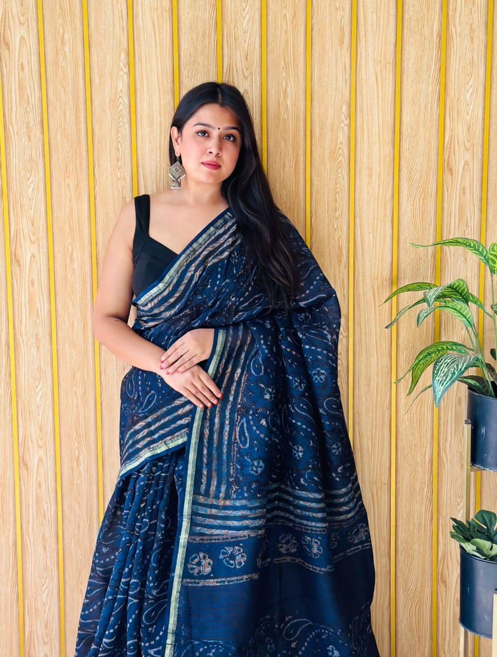 Handblock Printed Bagru Pure Chanderi Saree