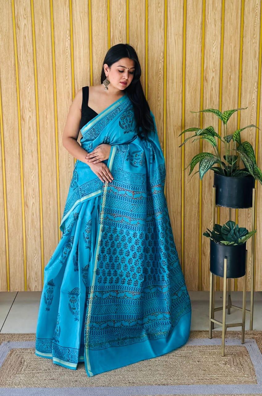 Handblock Printed Bagru Pure Chanderi Saree