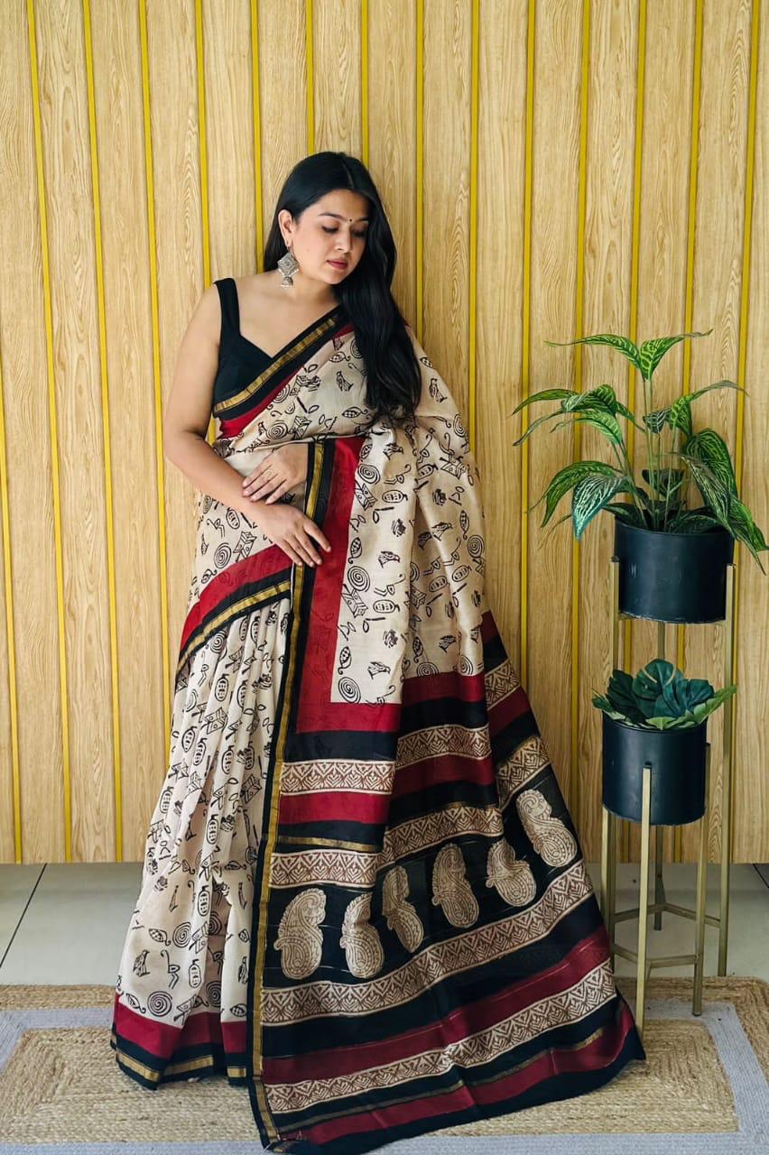 Handblock Printed Bagru Pure Chanderi Saree