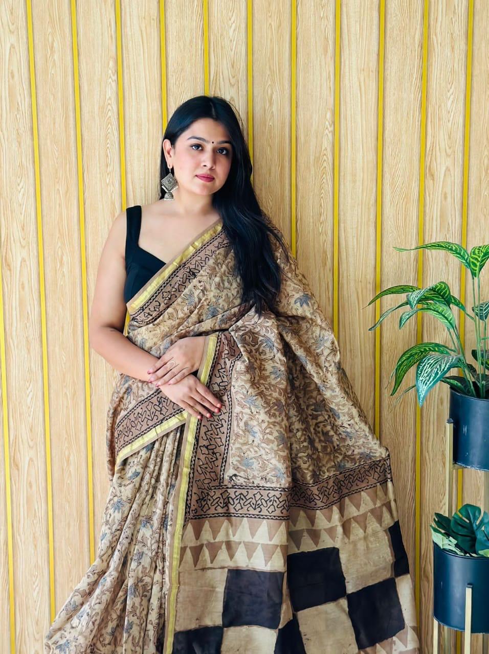 Handblock Printed Bagru Pure Chanderi Saree