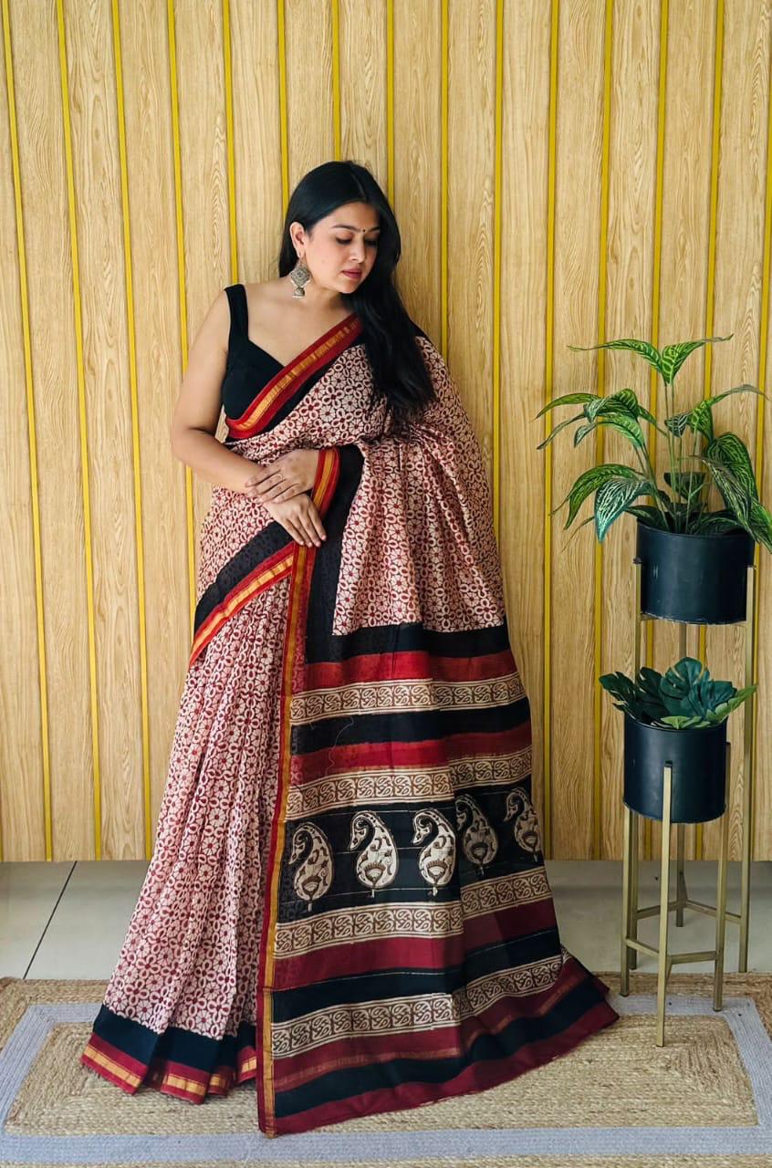 Handblock Printed Bagru Pure Chanderi Saree