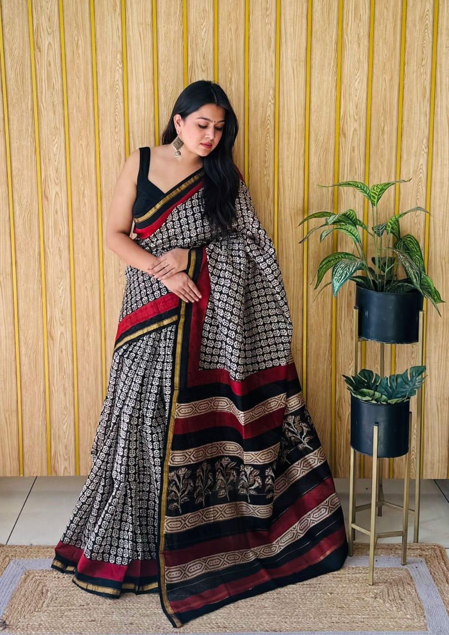 Handblock Printed Bagru Pure Chanderi Saree