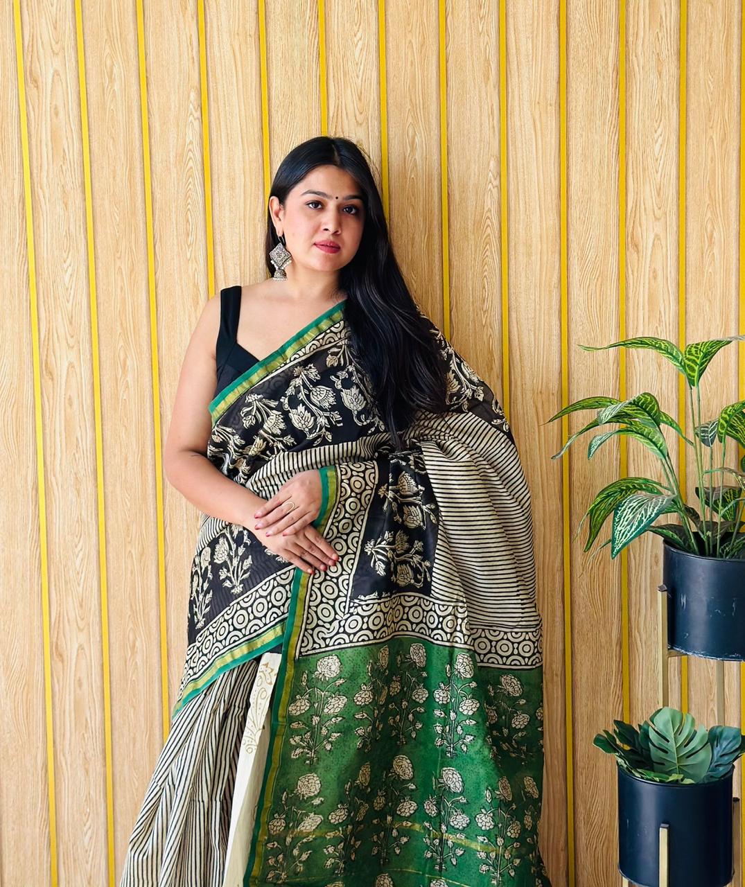 Handblock Printed Bagru Pure Chanderi Saree