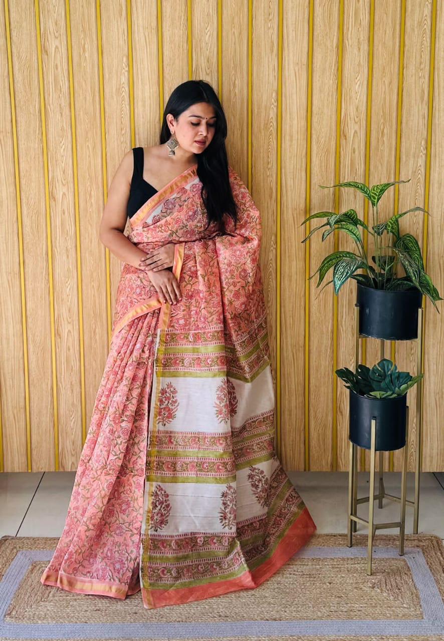 Handblock Printed Bagru Pure Chanderi Saree