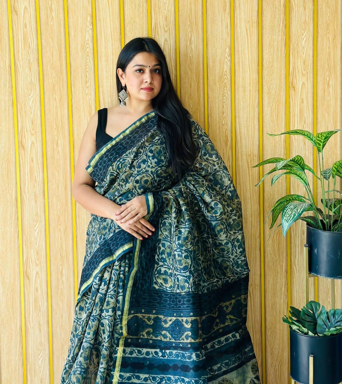 Handblock Printed Bagru Pure Chanderi Saree