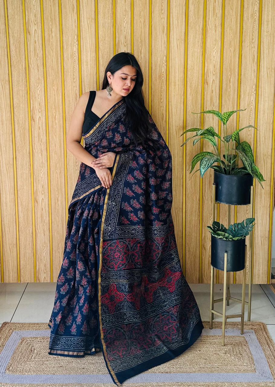 Handblock Printed Bagru Pure Chanderi Saree