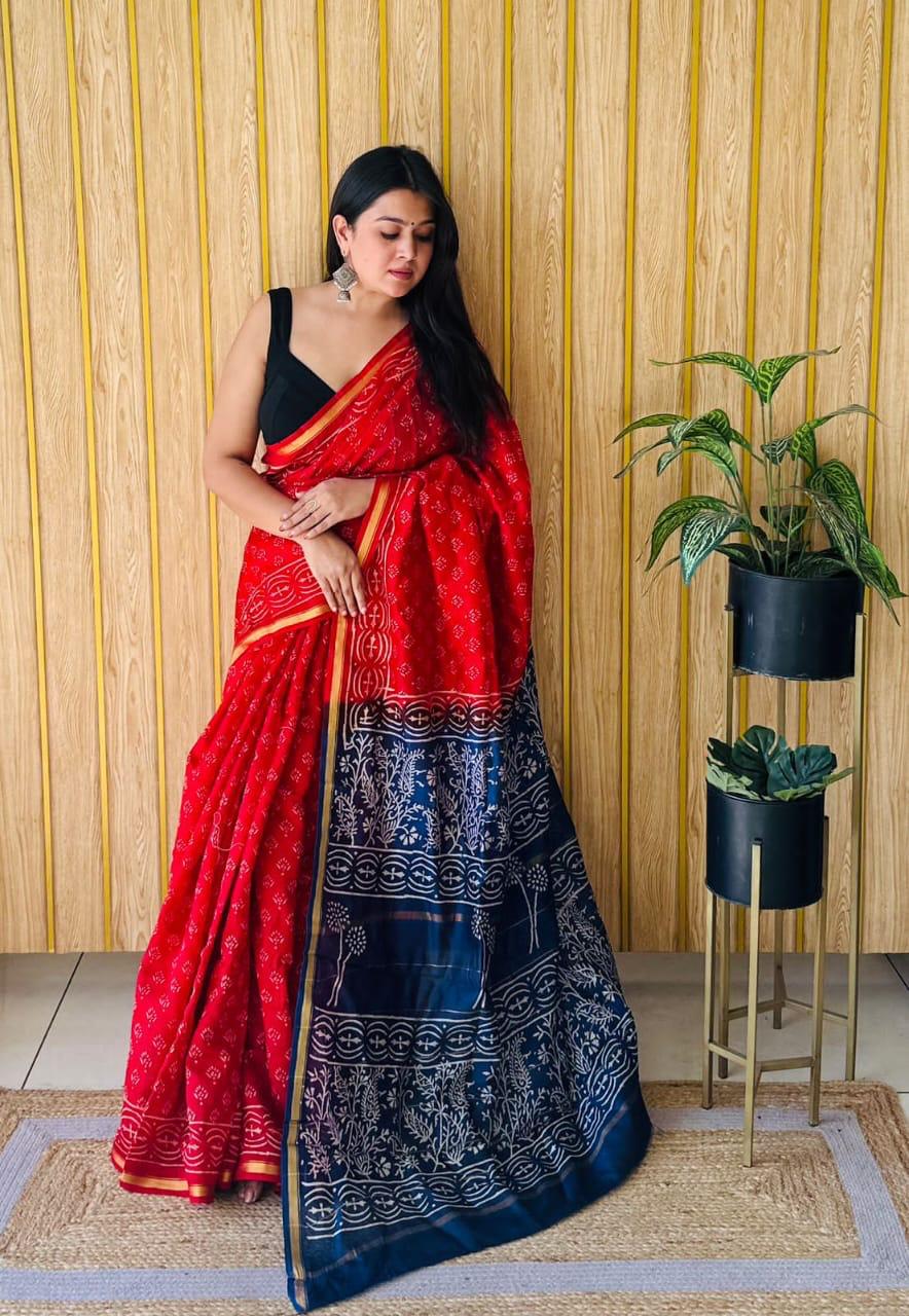 Handblock Printed Bagru Pure Chanderi Saree