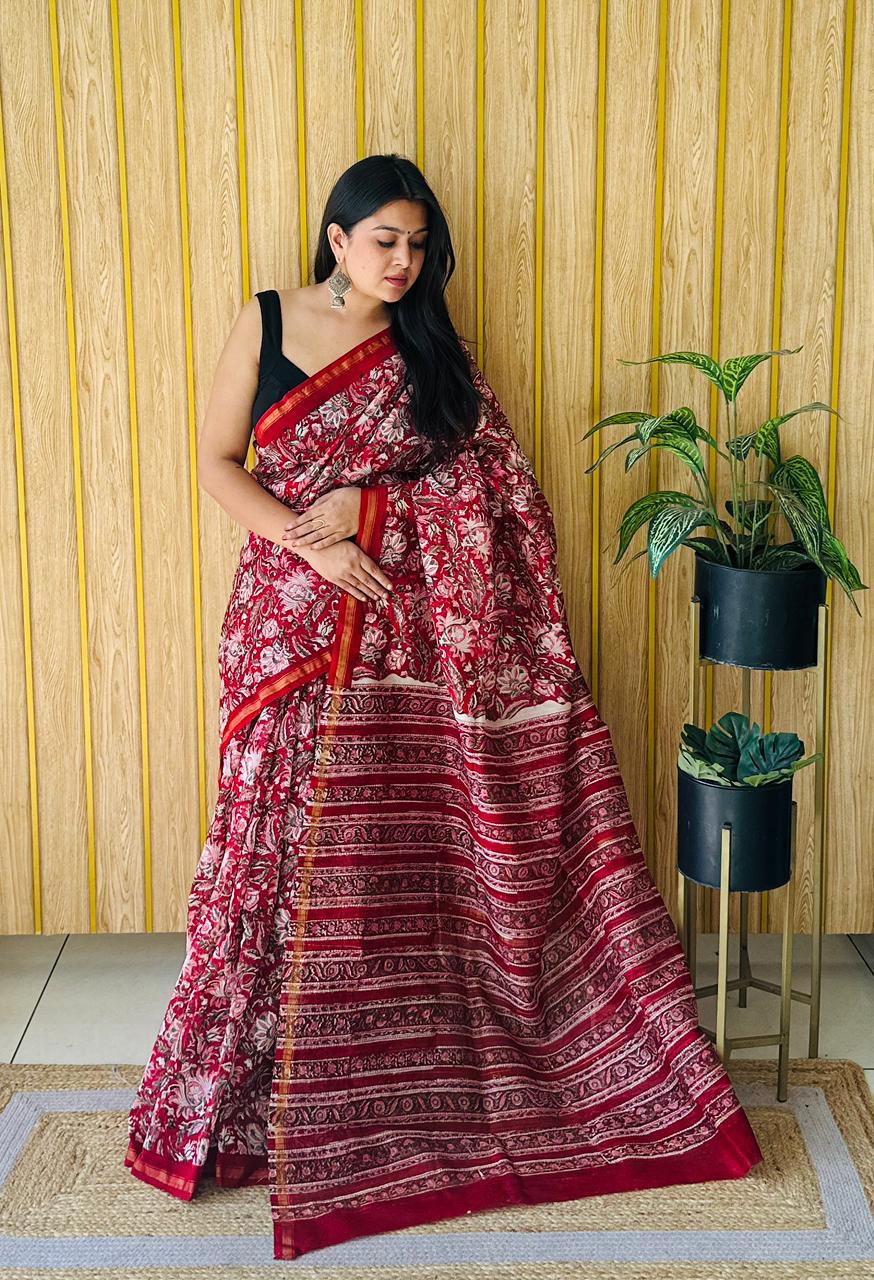 Handblock Printed Bagru Pure Chanderi Saree